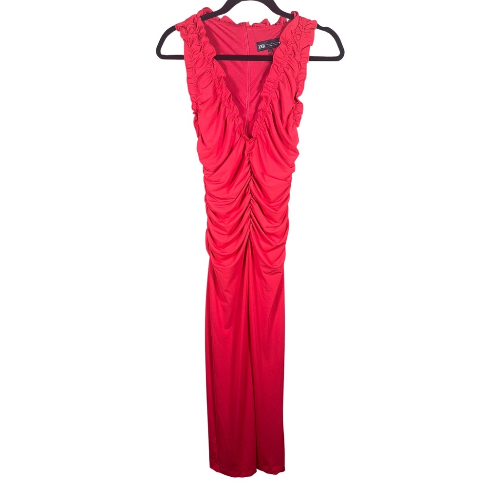 Zara Womens Red Ruched‎ Ruffle V-Neck Sleeveless Bodycon Midi Dress Medium